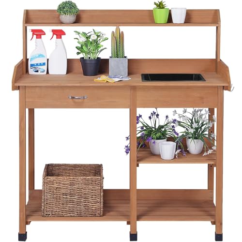 Topeakmart 45.2x17.7x47.6'' (LxWxH) Potting Benches Outdoor Garden Potting Table Work Bench with Removable Sink Drawer Rack Shelves Work Station, Wood