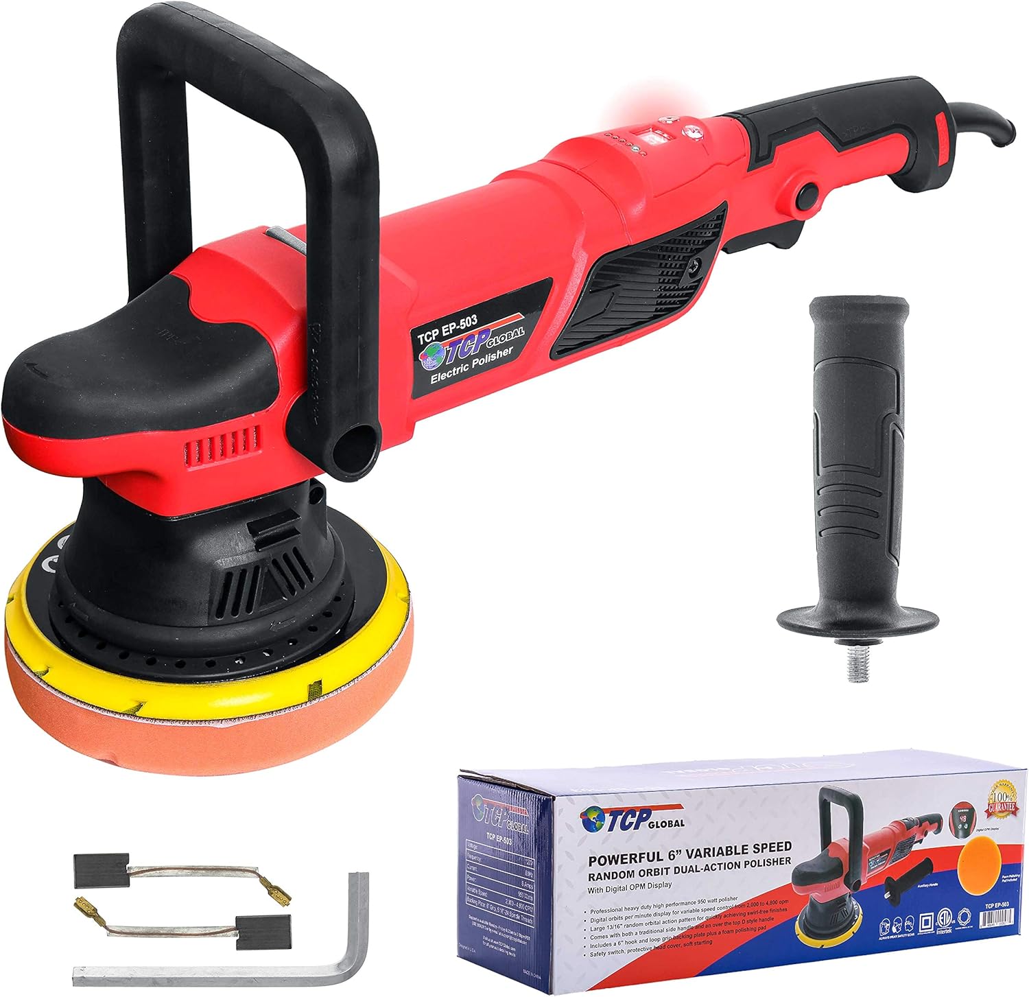 TCP Global Heavy Duty 6 Variable Speed Random Orbit Dual-Action Polisher, Digital OPM Display - Professional High Performance Buffer, Powerful 8 Amps 950 Watts - Buff, Polish, Detail Car Auto Paint