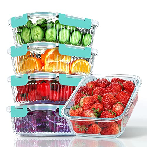 KOMUEE 5 Packs 36 oz Glass Food Storage Containers, Glass Meal Prep Containers with Lids, Airtight Glass Lunch Bento Boxes, Leak Proof, Microwave, Oven, Freezer and Dishwasher Friendly,White