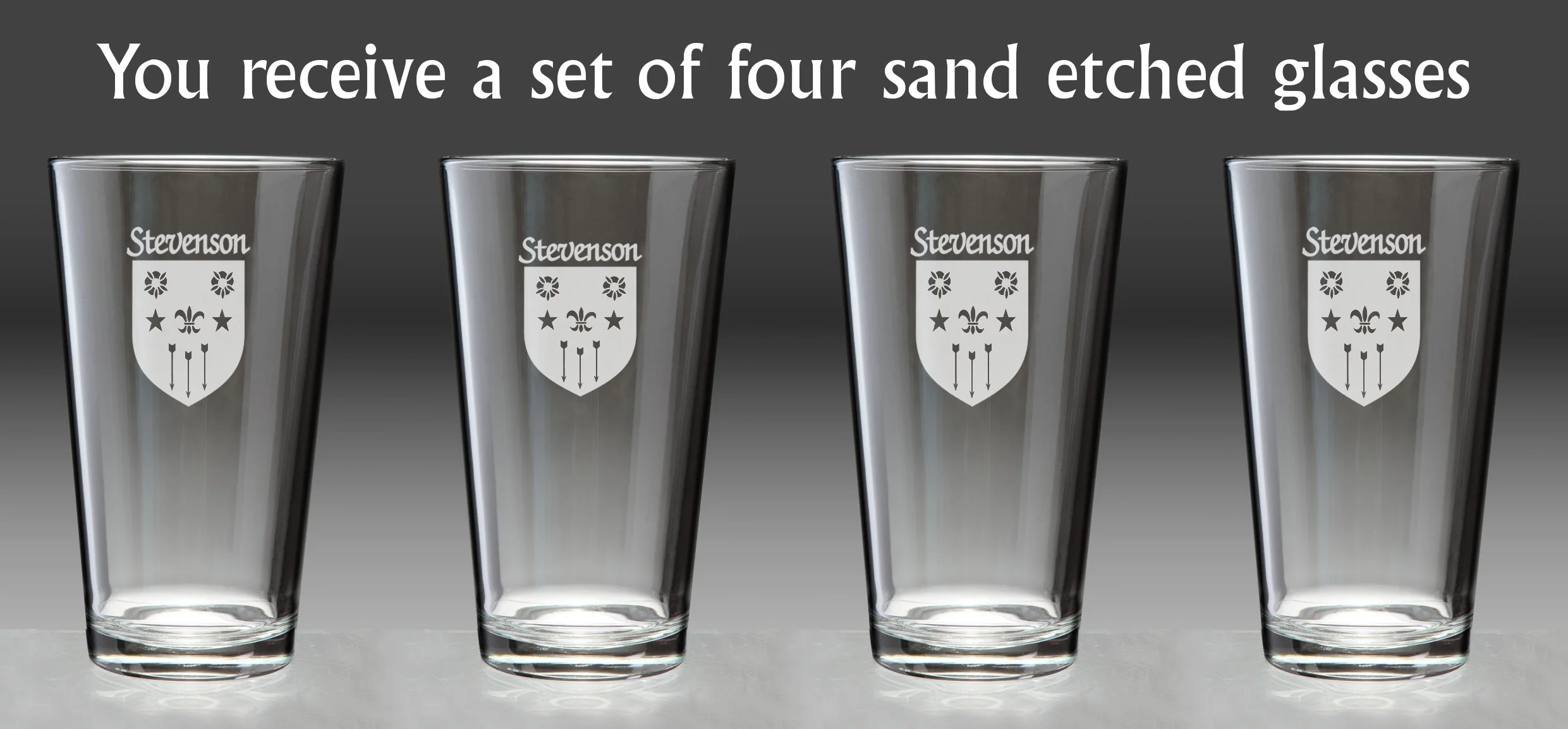 Stevenson Irish Coat of Arms Pint Glasses - Set of 4 (Sand Etched)