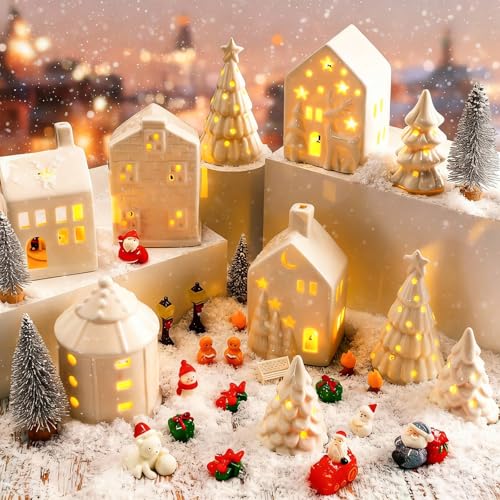 Barydat 30 Pcs White Christmas Village Set Mini Figurines 5 LED Lighted Ceramic Houses 5 Porcelain Xmas Tree 12 Xmas Tree Santa Accessories Christmas Village Collection Kit for Table Decoration