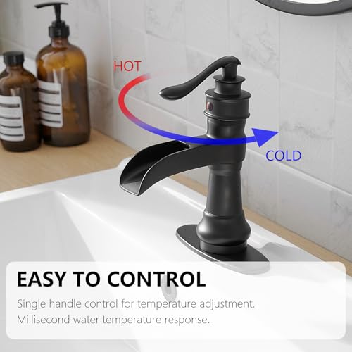 Vessel Sink Faucet, Oil Rubbed Bronze Black Bathroom Faucet, Farmhouse Waterfall Sink Faucet Single Hole with Pop Up Drain Assembly Without Overflow One Hole Mixer Tap Deck Mount