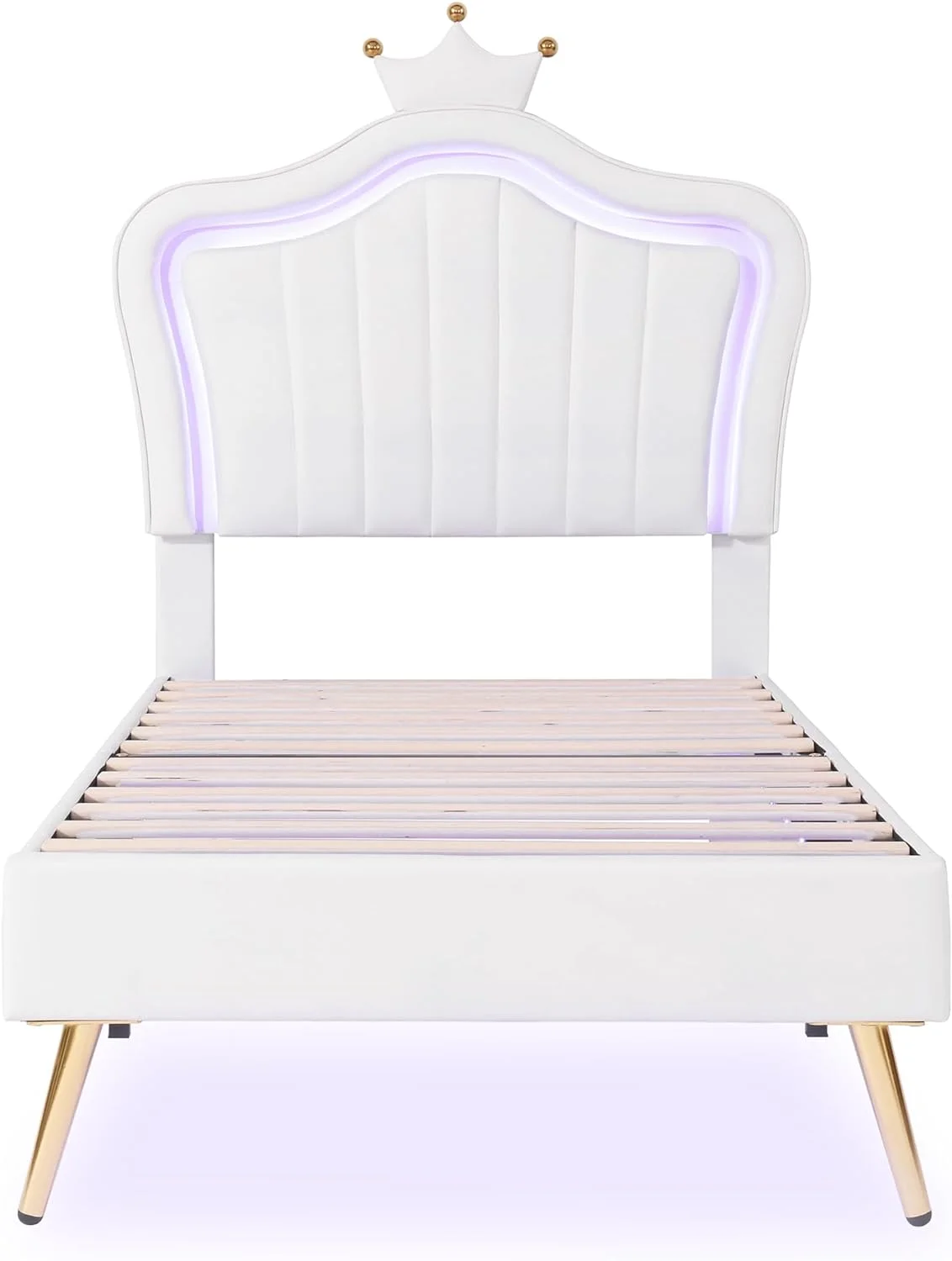 Twin Size Upholstered Princess Bed, Platform Bed Frame with Adjustable Crown Shaped Headboard and LED Lights, Fun Cute Bed Princess Bed for Kids, Bedroom Furniture Upholstered Bed