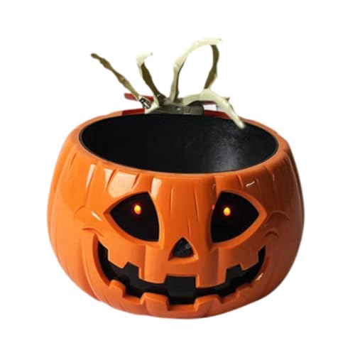 Halloween Candy Bowl, Halloween Animated Skull Bowl with Moving Skeleton Hand, Lighted Red Eyes