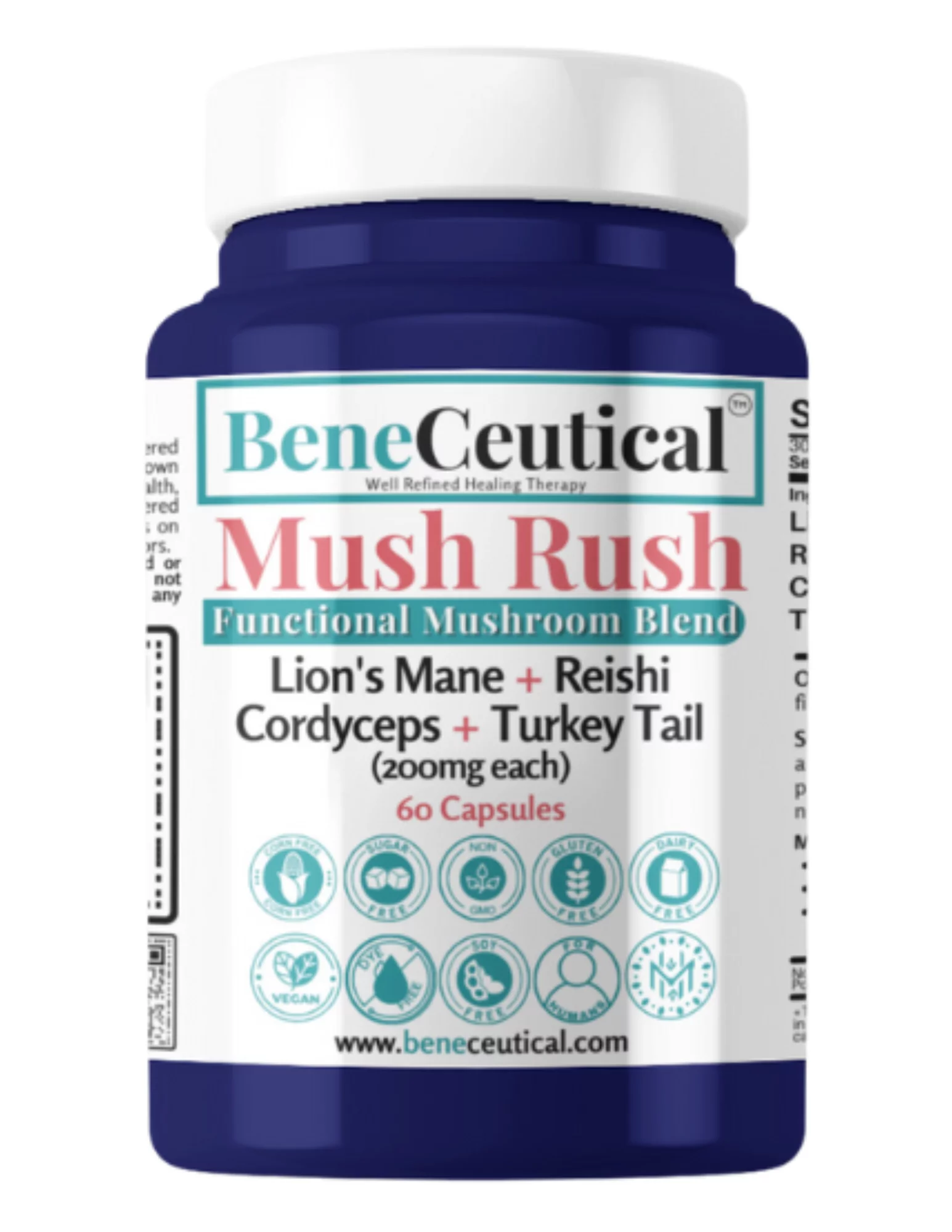 Mush Rush : Functional Mushroom Blend 60 Capsules 200mg Lion's Mane, Reishi, Cordyceps, Turkey Tail Nootropic Boost Immunity, Energy levels, Cognitive Performance, Sleep, & Gut Health by BeneCeutical