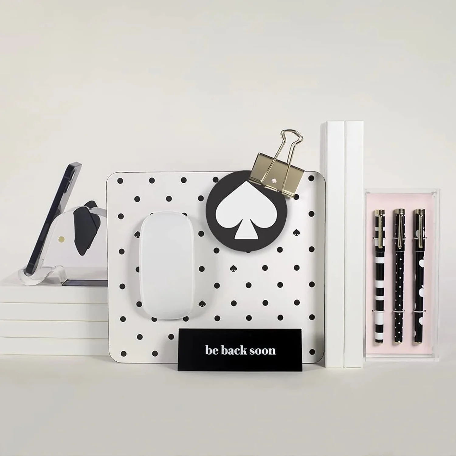 Kate Spade New York Fine Tip Pen Set of 3, Black Ink Pens with Acrylic Desk Organizer Tray, Dots and Stripes