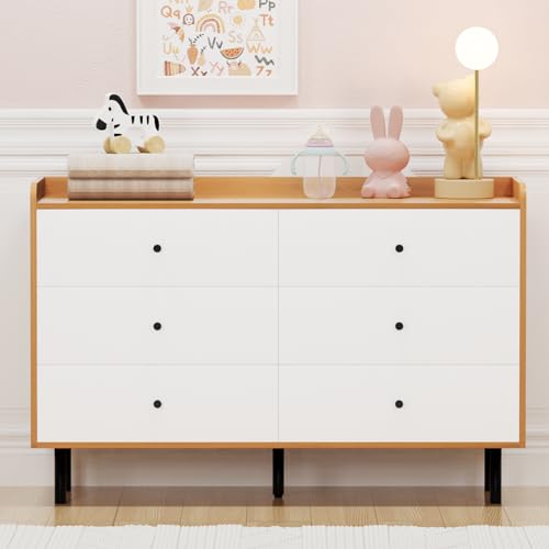 White Nursery Dresser for Bedroom with 6 Drawers, Modern Wood 6 Drawer Dresser with Black Knobs, Chest of Drawers for Nursery, Living Room, Closet, Entryway, Hallway (White+Wood)