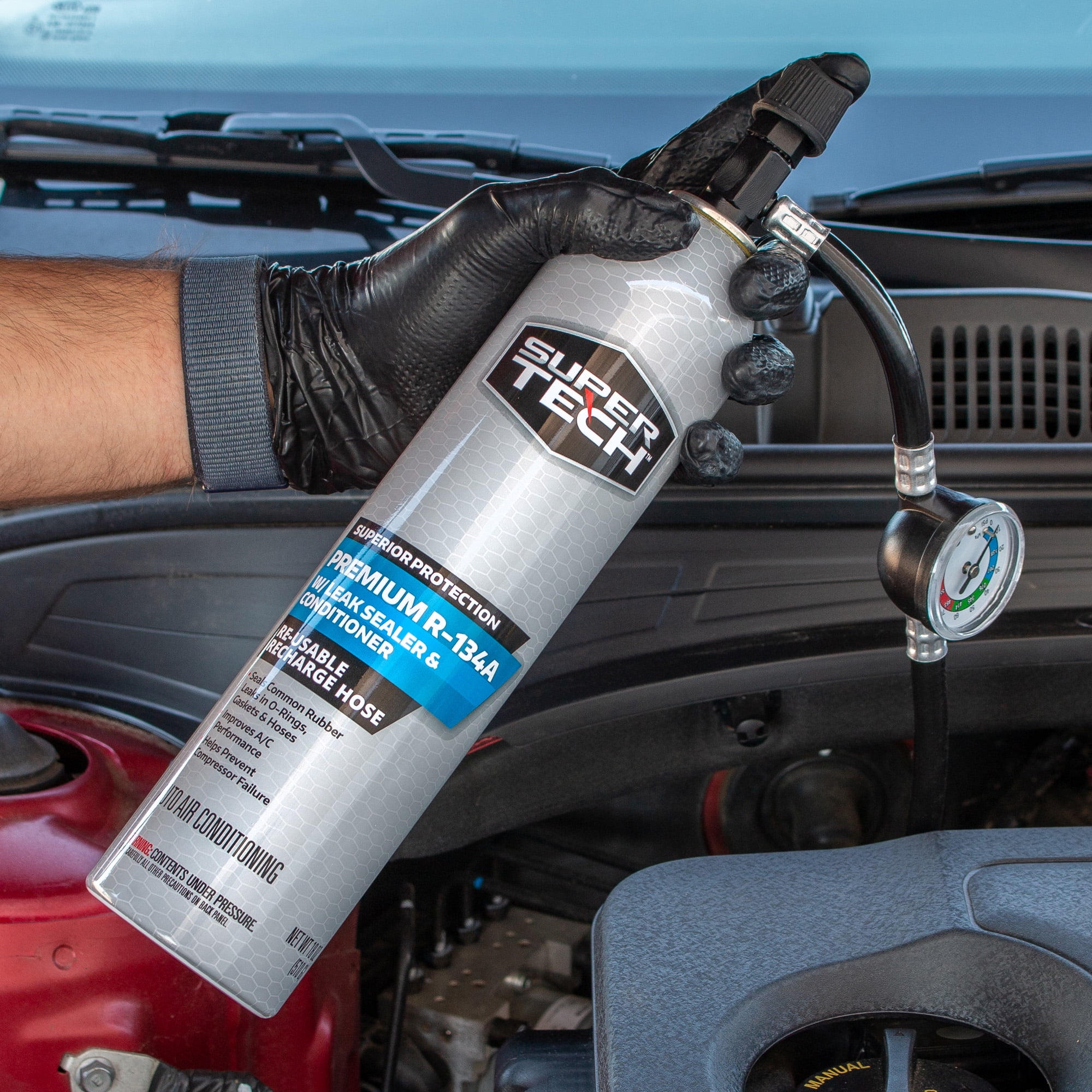 Super Tech Premium R-134a Automotive Refrigerant with Reusable Hose and Gauge, 18 oz, Pack of 1, Vehichle Type Specific