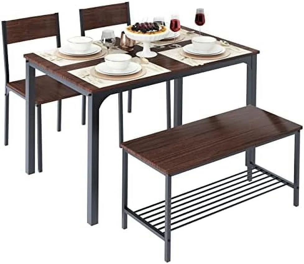 KHBIULIFE 4 Person Dining Table Set  Dining Table with 2 Chairs and 1 Bench Rectangular Space-Saving Dinner Table with Two Benches for Kitchen Rustic Oak