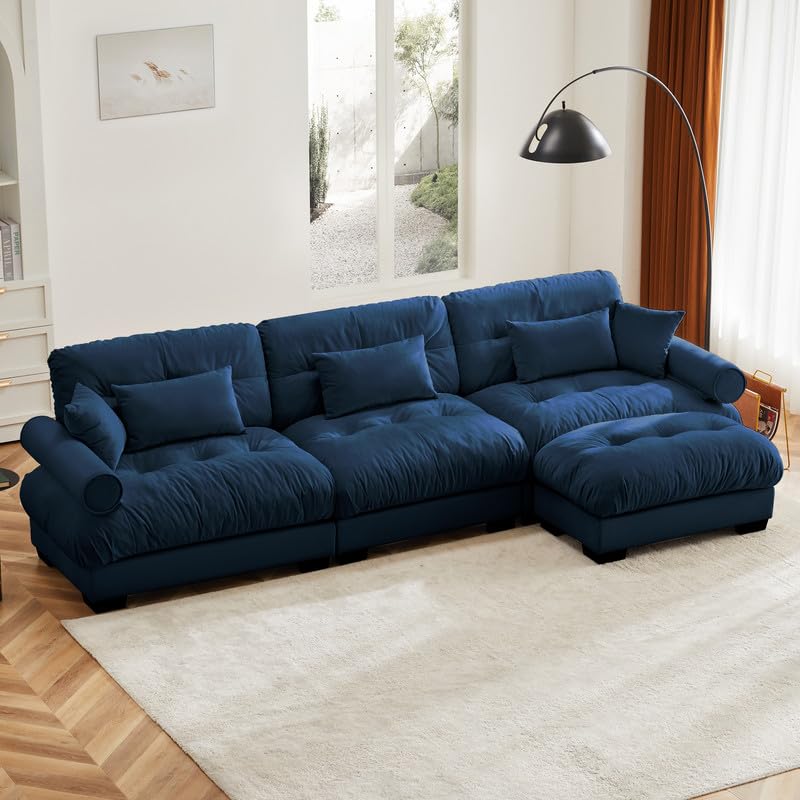 Super Comfort Oversized Modular Velvet Sectional Sofa Couch with Movable Ottoman,Corner Sectional with Bolstered Armrests, Deep Seat Cloud Convertible L Shaped Couch for Living Room Camel