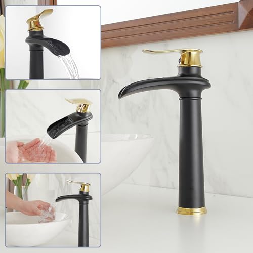 BWE Vessel Sink Faucet Brushed Nickel Tall Waterfall Bathroom Faucet Deck Mount Single Handle One Hole Lavatory Vanity Faucet with Pop Up Drain Assembly and Supply Hose