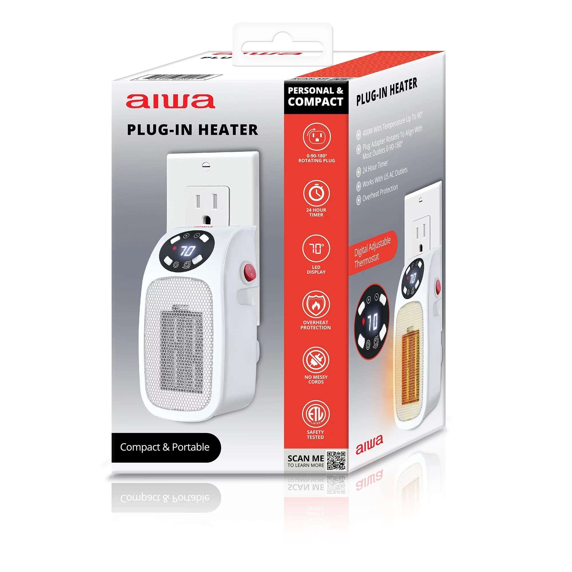 AIWA Outlet Plug-in Electric Space Heater, LCD Digital Screen, Up to 24 hour Timer