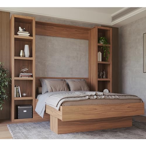 Oakland Living Easy-Lift Queen Murphy Wall Bed in Brown Wood Grain with Two Bookshelves