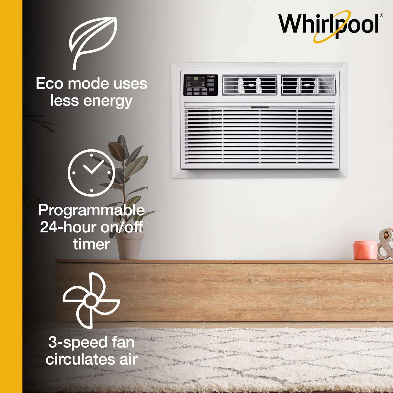 Whirlpool 8,000 BTU 115-Volt 350 Sq.Ft. Wall Air Conditioner with Remote, White, WHAT081-1AW