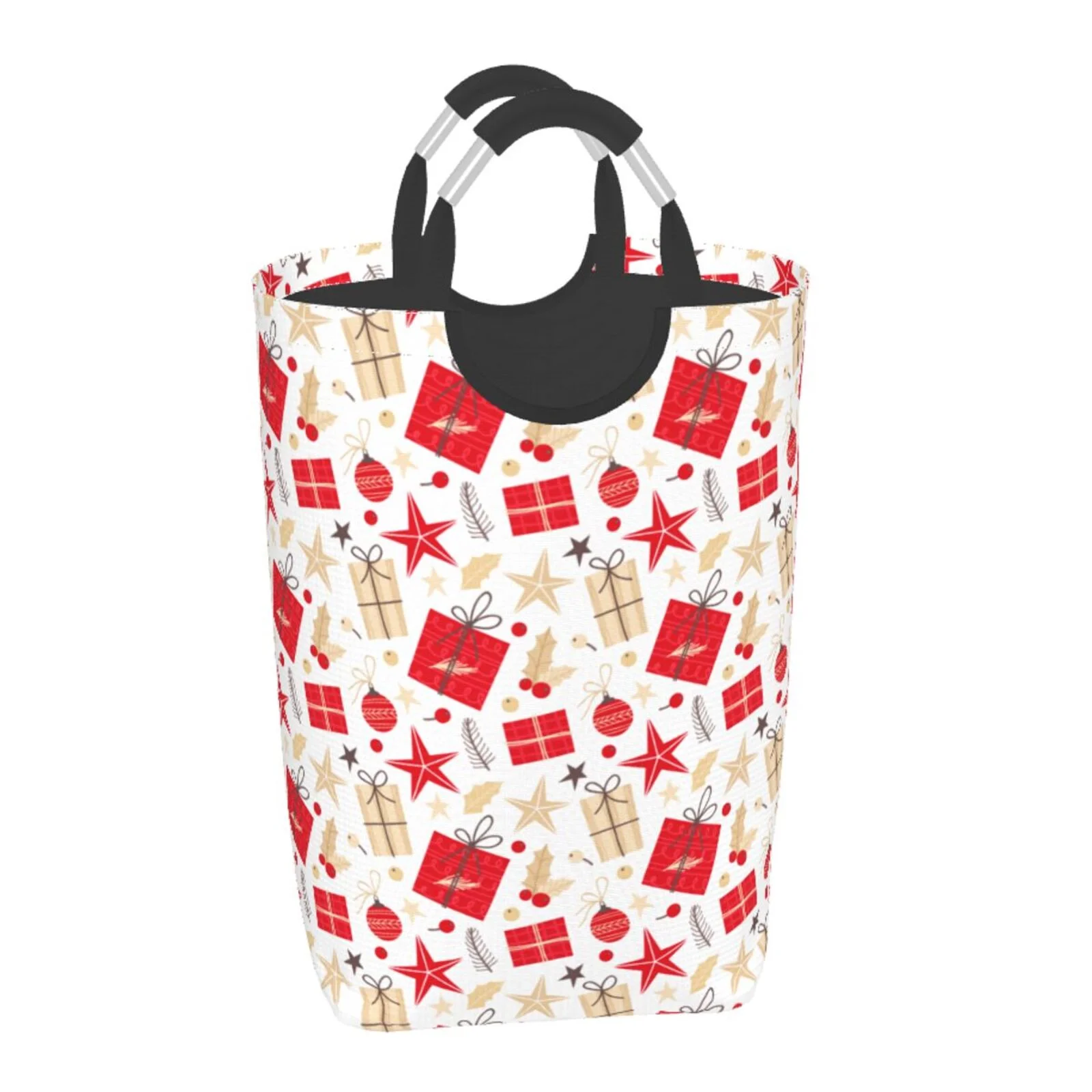 XMXT Collapsible Laundry Basket Hamper, Red Christmas Box Print Large Laundry Bag Clothes Hamper with Aluminum Handle, 50L