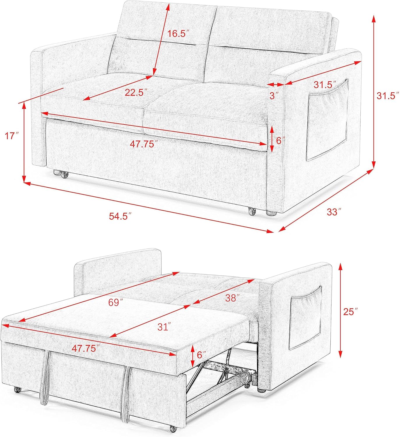 3-in-1 Multi-Functional Convertible Sofa Bed, Comfy Upholstered Sleeper Loveseat Futon Couch Pull, Chaise Lounge with Adjustable Backrest Sofabed, Blue 54.5
