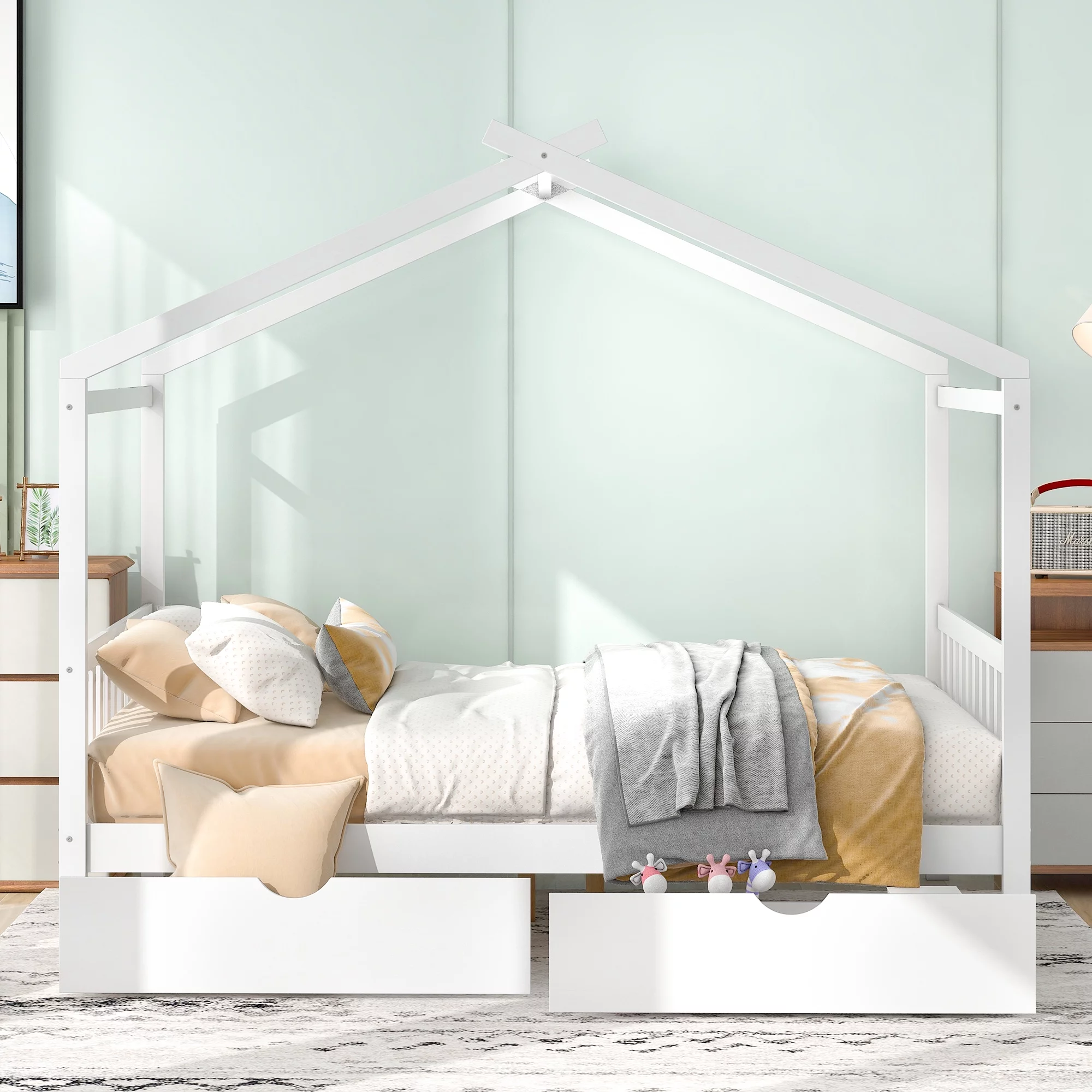 Livspace Full Size House Platform Bed with Two Drawers,Headboard and Footboard,Roof Design,White