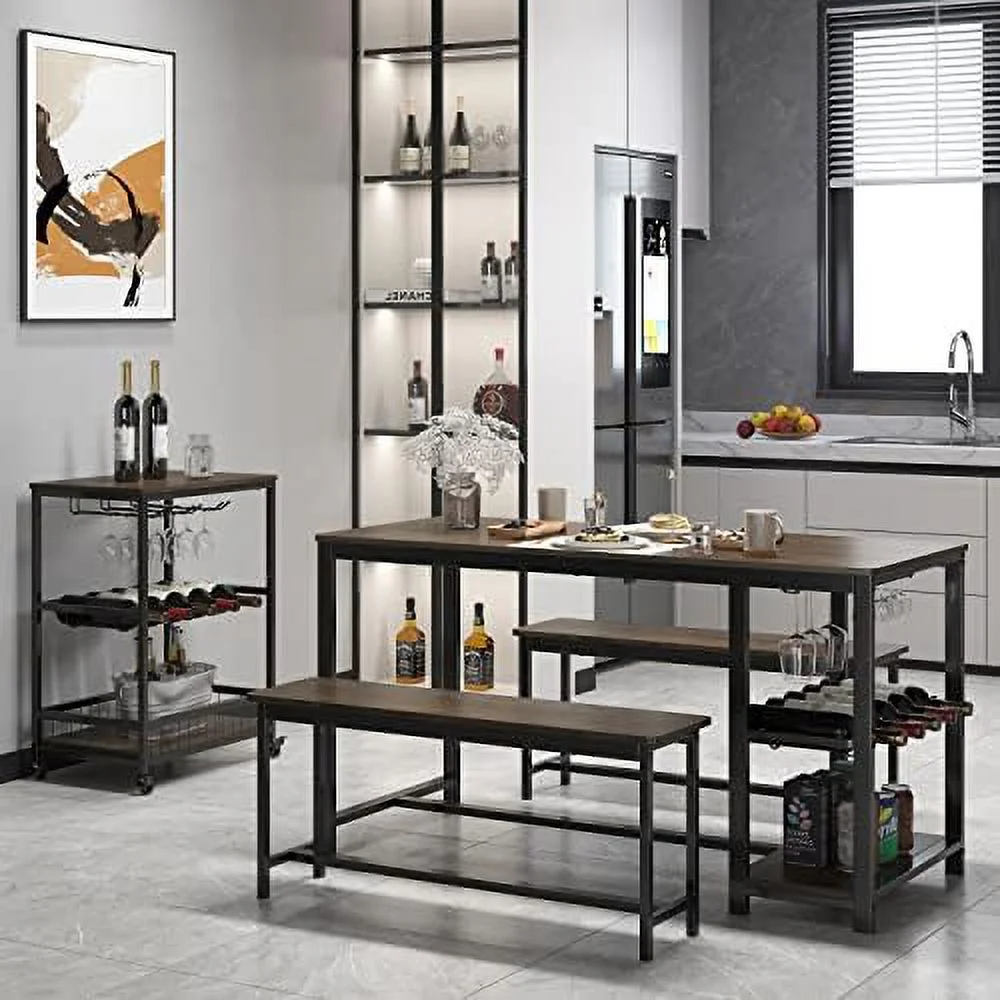 HOOMHIBIU 3-Piece Dining Table Set  Rustic Wood Kitchen Dinner Table with Benches for 4  Breakfast Nook Table with Wine Rack and Glass Holder  Dark Brown