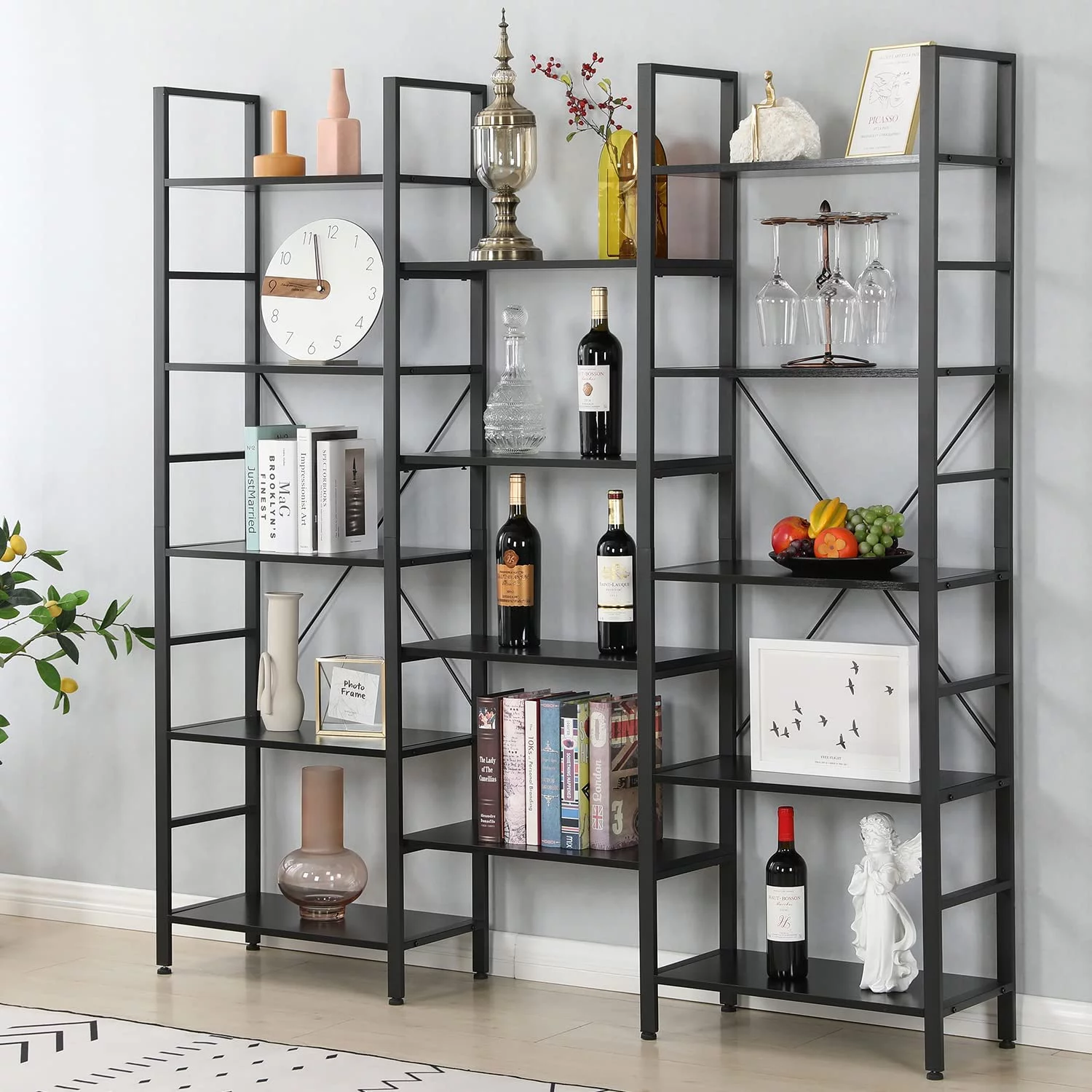Yoleny Bookcases and Bookshelves 5 Tiers Industrial Triple Bookshelf with 14 Open Storage Cubes, Large Record Player Shelves with Metal Frame for Living Room Bedroom Home Office, Black