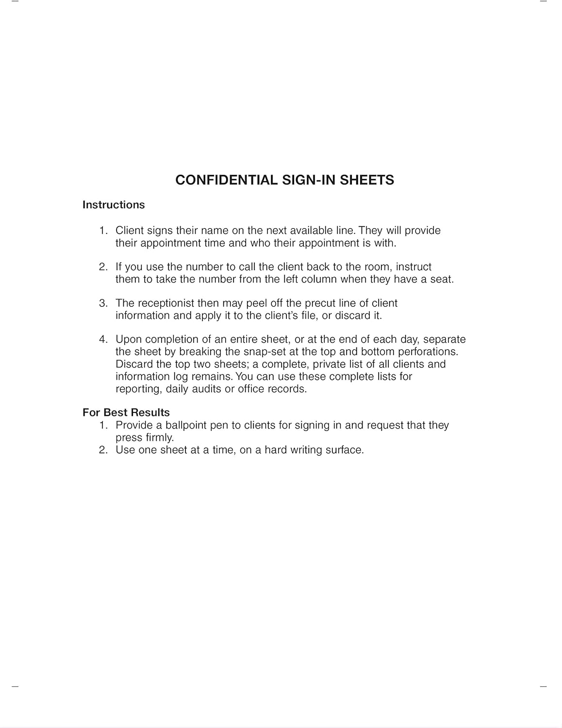 Confidential Sign-in Sheets, 8-1/2 X 11 (WHITE) Carbonless Form (Lot of 250 Sheets)