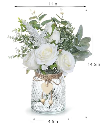 LADADA Artificial Flowers with Vase, Silk Hydrangea Flower Bouquet in Vase, Faux Flower Arrangement with Vase for Home Decoration, Dining Table Centerpiece(White)