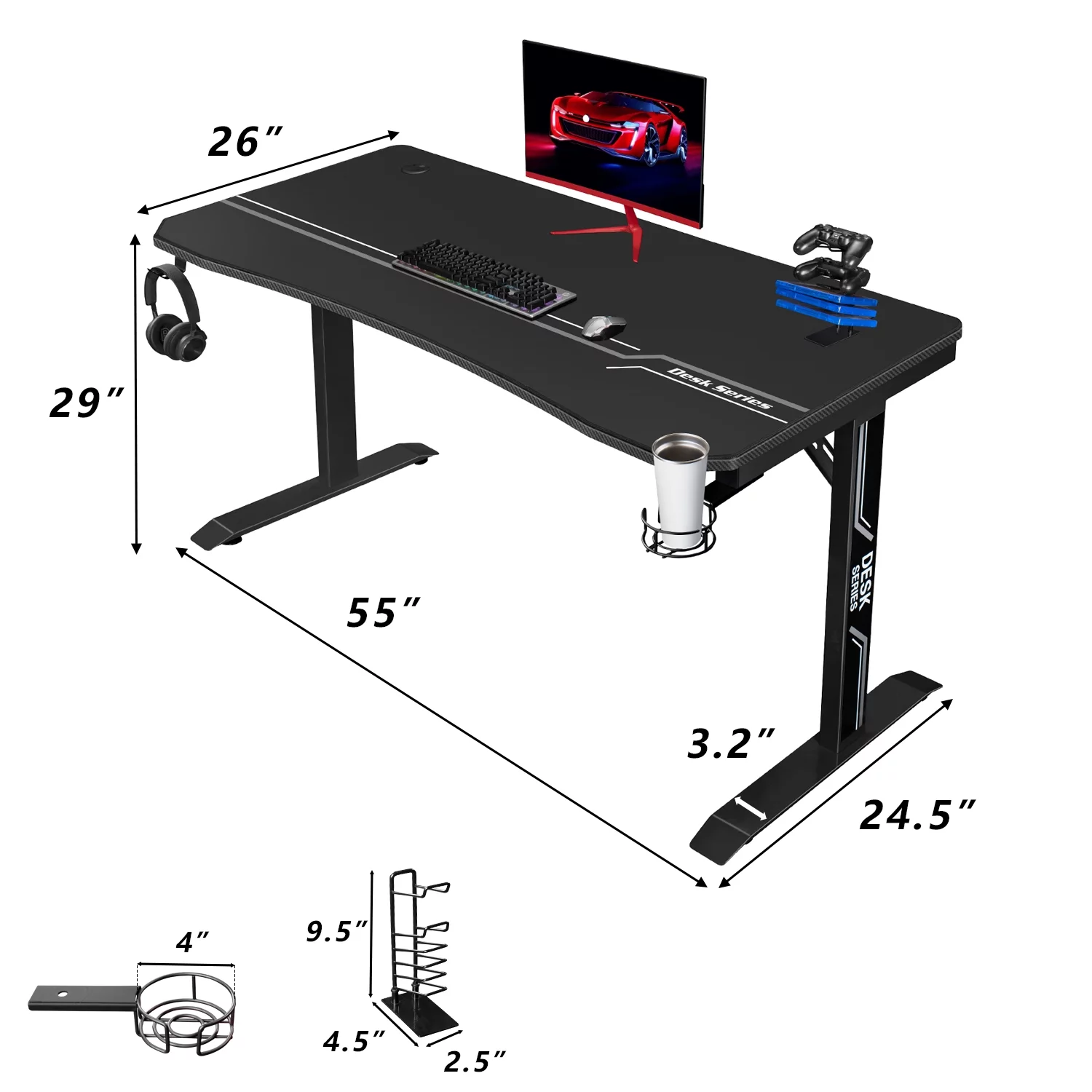 Walnew 55 inches Widen T-Shape Frame Gaming Computer Desk PC Gaming Desk Racing Style Carbon Fiber Surface Office Desk With Cup Holder and Headphone Hook (Black)