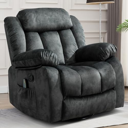 CANMOV Massage Swivel Rocker Recliner Chair with Heat and Vibration, 360 Degree Swivel Manual Recliners Antiskid Fabric Single Sofa Heavy Duty Reclining Chair for Living Room, Grey