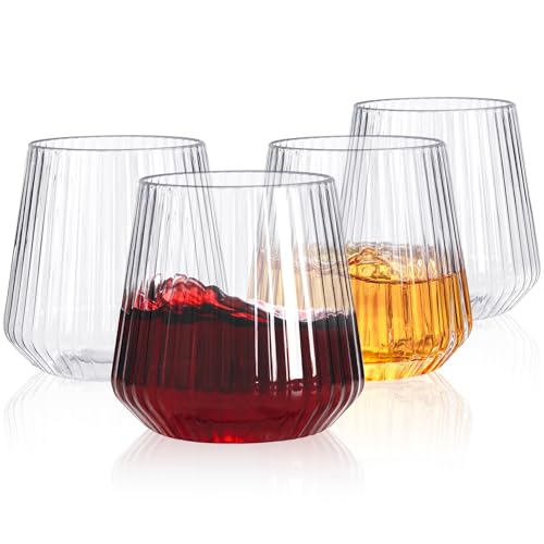 YOUBET 24 Pack Plastic Ribbed Wine Glasses - 10 OZ Clear Square Wine Glasses with Stem - Heavy Duty Vintage Disposable Champagne Cups for Wedding Parties & New Year