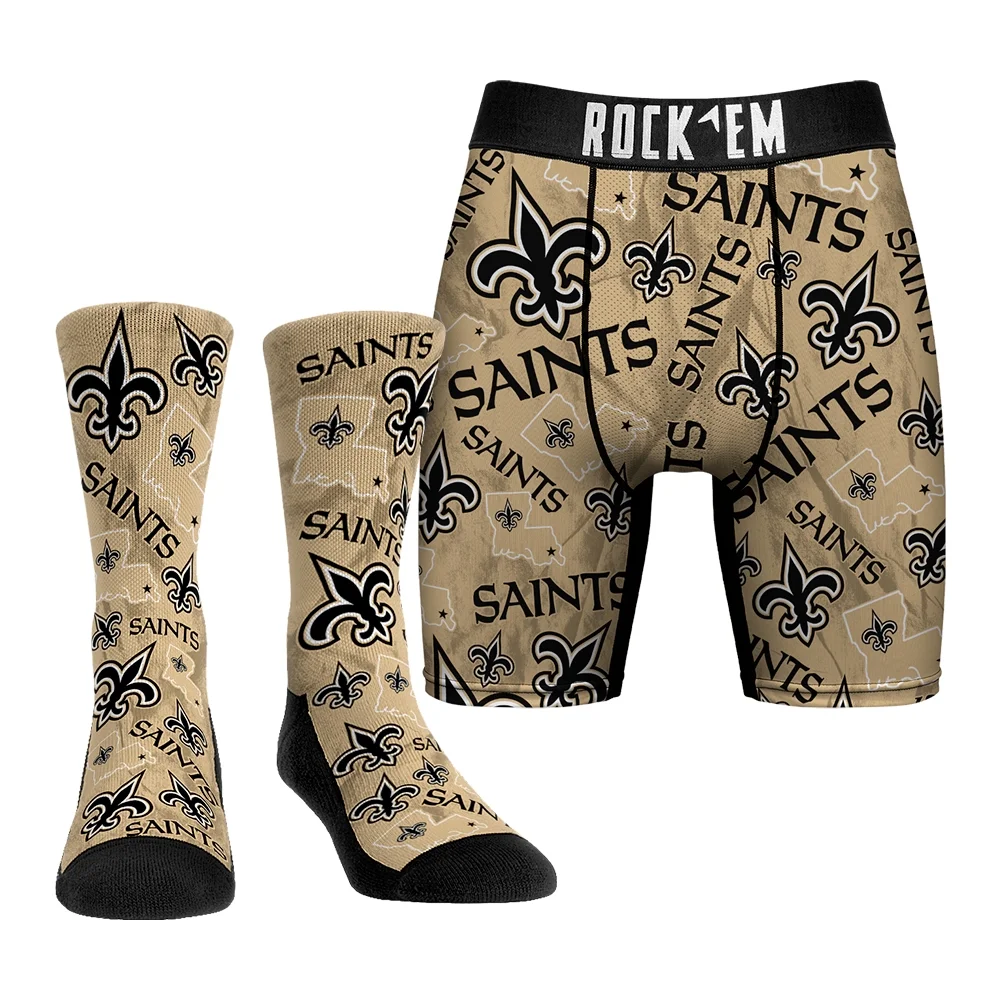 Men's Rock Em Socks New Orleans Saints All-Over Logo Underwear and Crew Socks Combo Pack