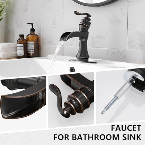 Vessel Sink Faucet, Oil Rubbed Bronze Black Bathroom Faucet, Farmhouse Waterfall Sink Faucet Single Hole with Pop Up Drain Assembly Without Overflow One Hole Mixer Tap Deck Mount
