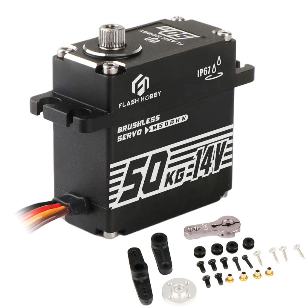 FLASH HOBBY 50kg 14V Waterproof IP67 Digital Brushless Servo Motor with 1/6，1/8, 1/10, 1/12 RC Crawler Car/Robot/Boat (180°)