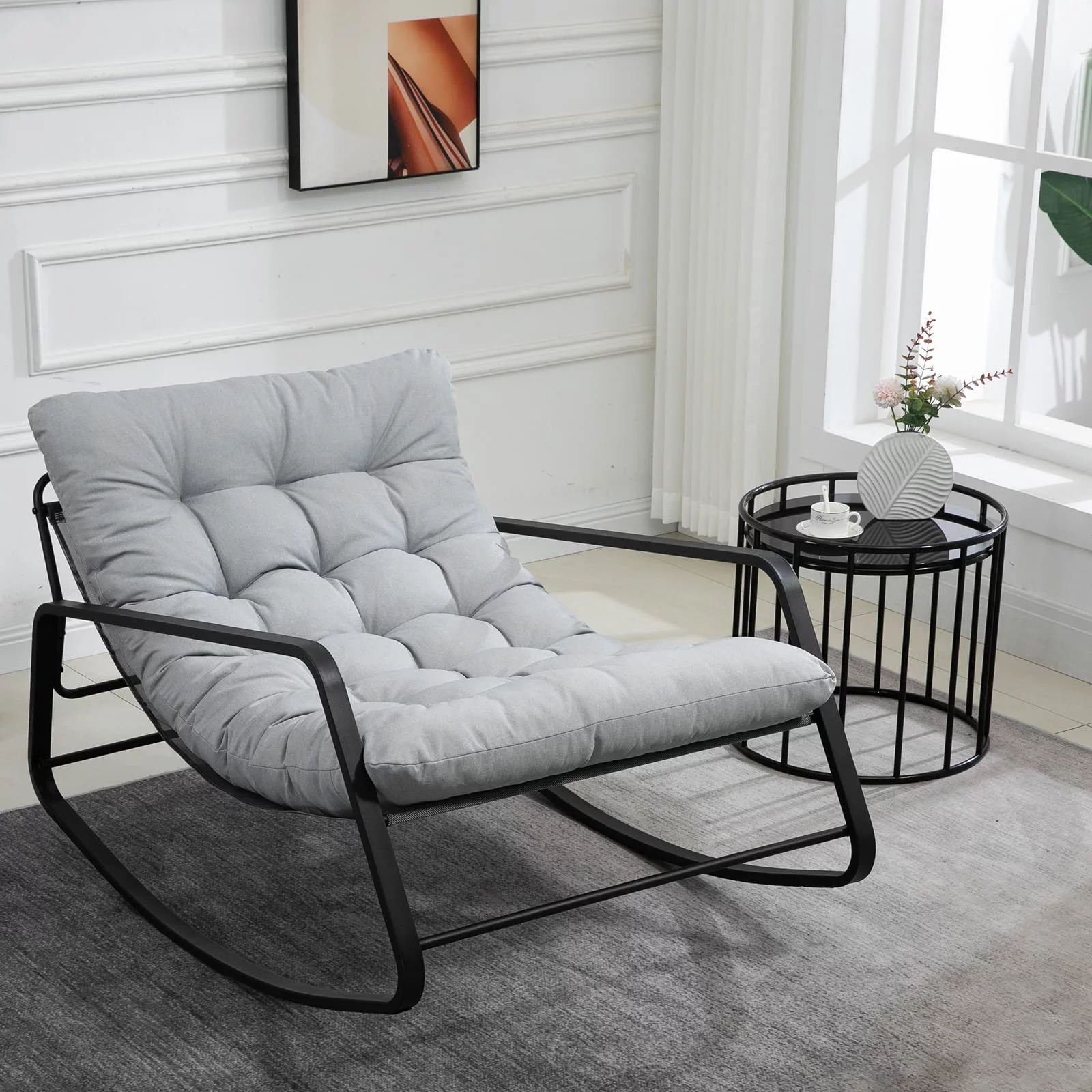 Rocking Accent Chair for Nursery, Upholstered Linen Fabric Nursing Glider Rocker, Oversized Armchair for Living Room, Bedroom, Courtyard(Grey)