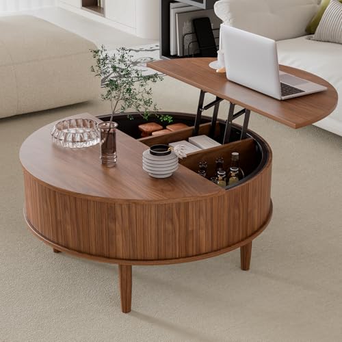 Round Fluted Lift Top Coffee Table with Storage, Mid Century Modern Coffee Table for Living Room, Home Small Space,31.5