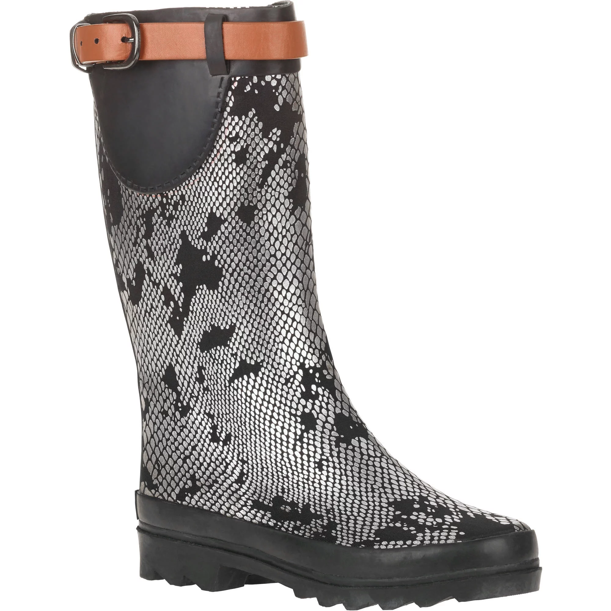 Forever Young Women's Metallic Snake Skin Print Couture Rain Boot