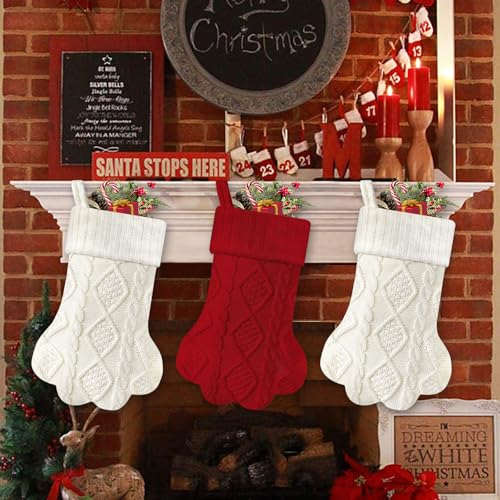 Malier Christmas Stocking for Dogs Cats, Knit White Dog Christmas Stocking, Paw Shape Pet Christmas Stocking Large Cat Stockings Hanging Stocking for Dogs Cats Pets (White)