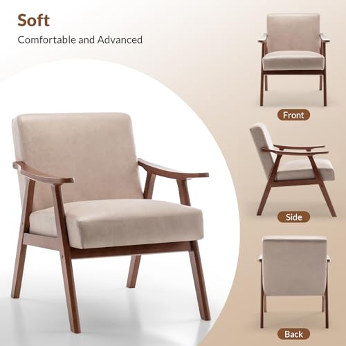 Rovibek Upholstered Accent Chair with Arms - Mid Century Modern Accent Chairs with Wood Frame, Upholstered Arm Chairs with 5.9in Thick Foam, Beige Occasional Chair, Set of 2