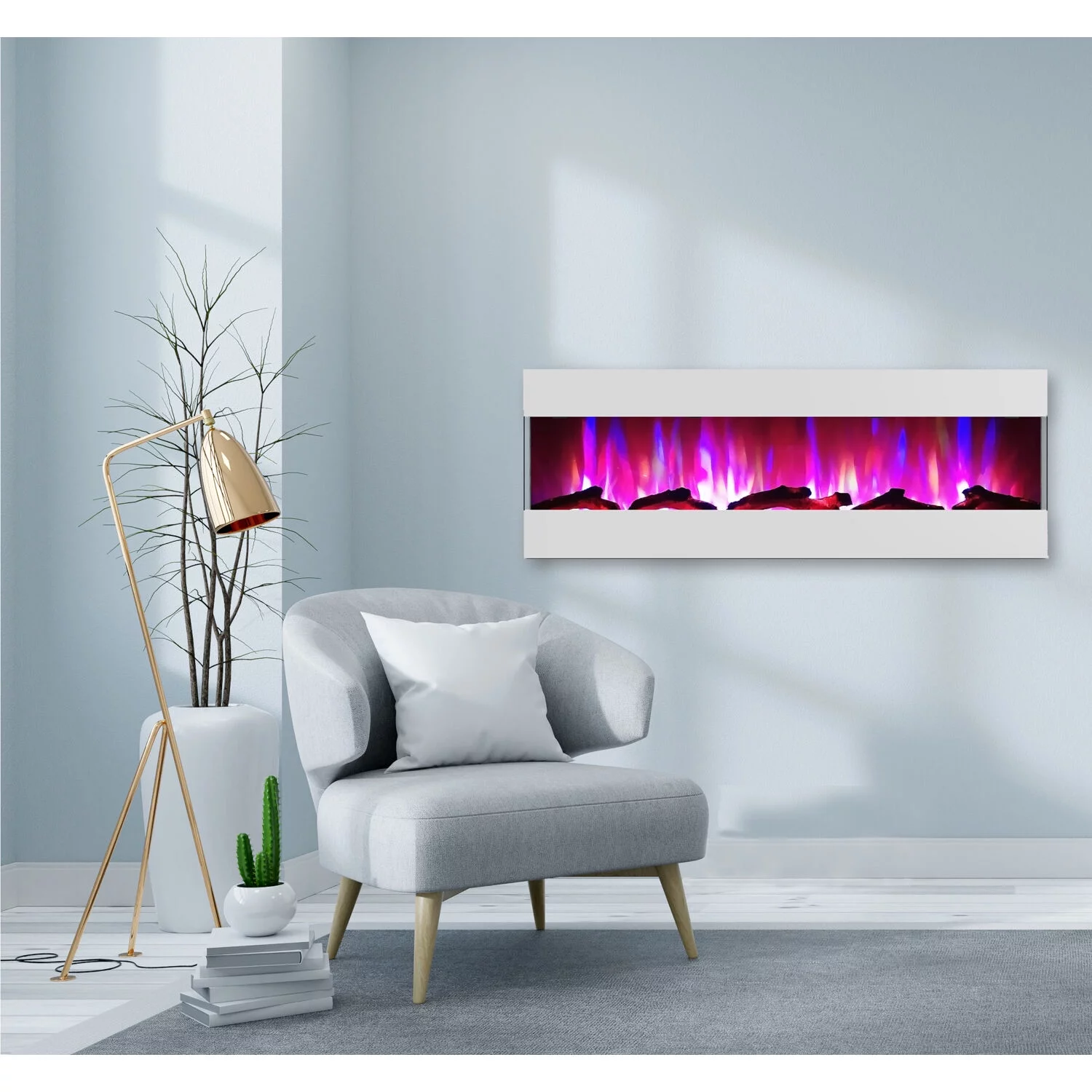 Cambridge 60 In. Recessed Electric Wall Mounted Fireplace Heater with Multi-color Flame Driftwood Log Display, Adjustable Heat, Remote - CAM60RECWMEF-2WHT