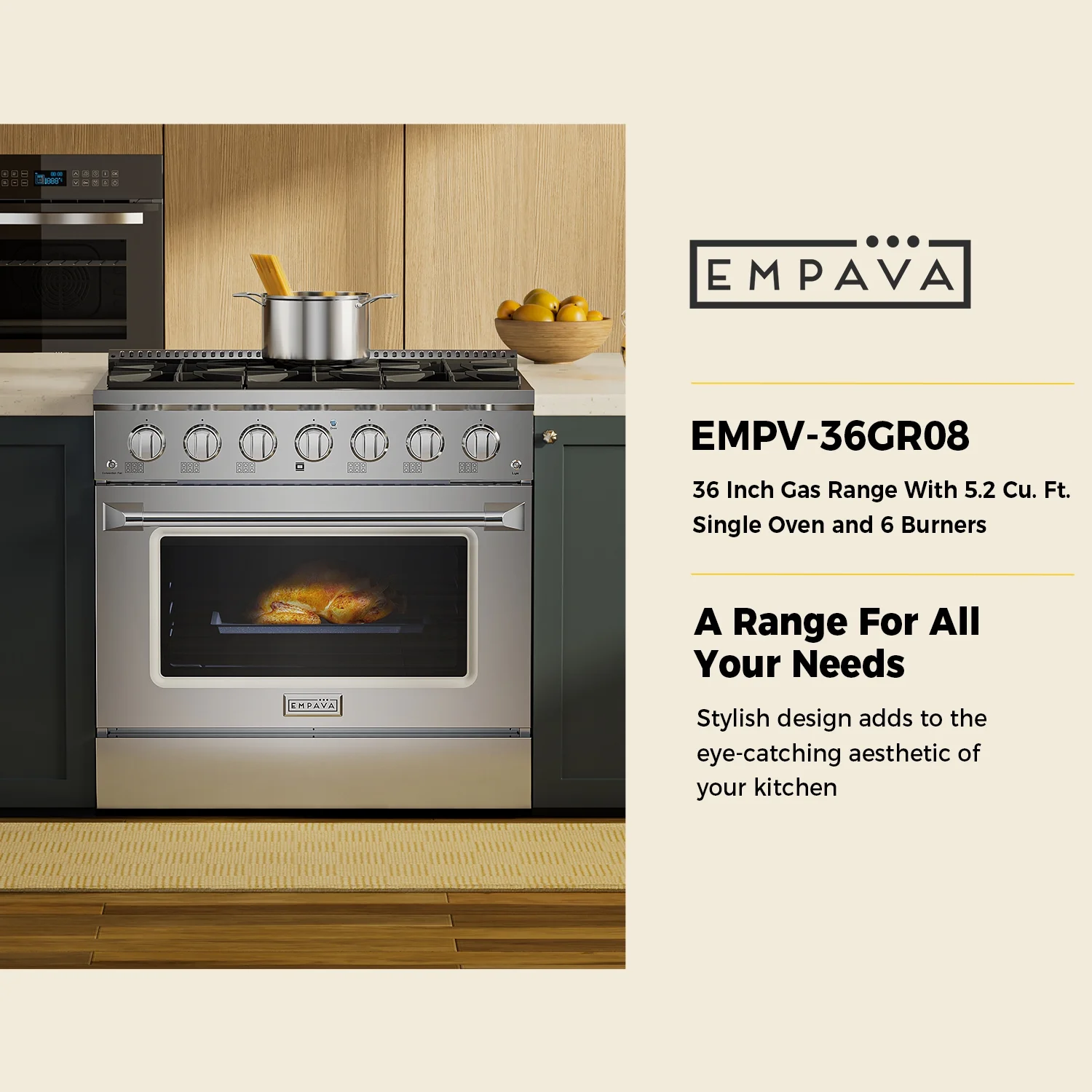 Empava 36 in. 5.2 cu. ft. Pro-Style Slide-In Single Oven Gas Range with 6 Sealed Ultra High-Low Burners - Heavy Duty Continuous Grates in Stainless Steel