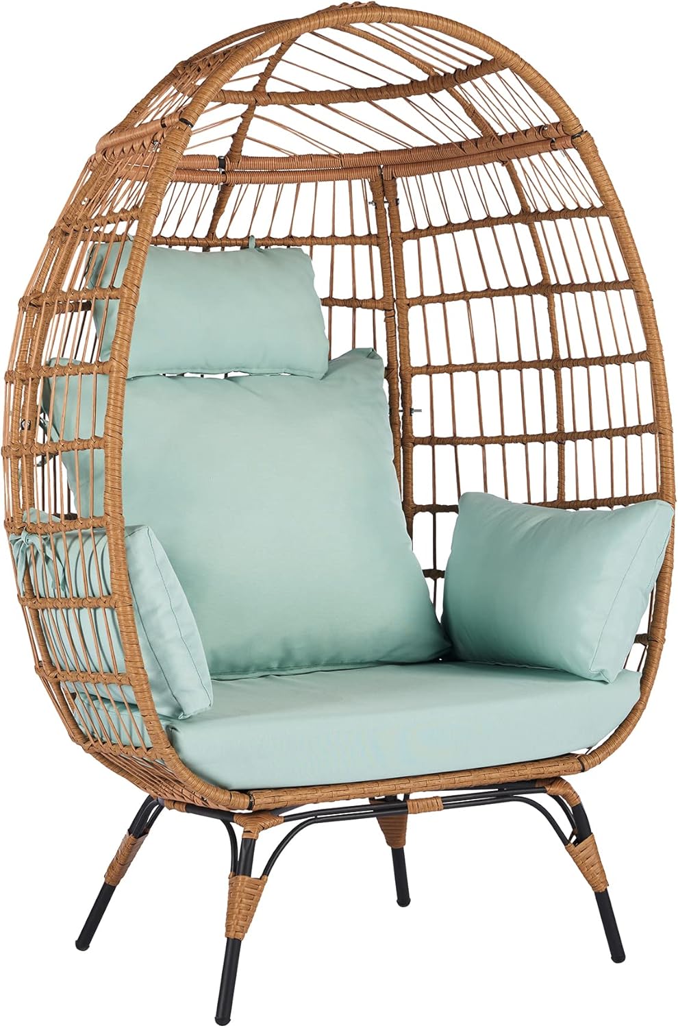 KINFFICT Outdoor Patio Wicker Egg Chair, Oversized Indoor Outdoor Lounger with Cushion and Headrest, PE Rattan Chair for Patio, Backyard, Poolside, Living Room (Light Brown Rattan with Blue Cushion)