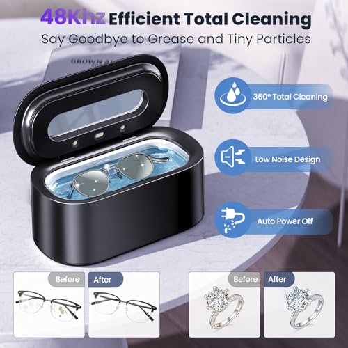 Ultrasonic Jewelry Cleaner, 48Khz 12oz Professional Jewelry Cleaner Ultrasonic Machine with Digital Timer, 30W Portable Ultrasonic Cleaner for Eyeglasses, Necklaces, Rings, Watches, Dentures