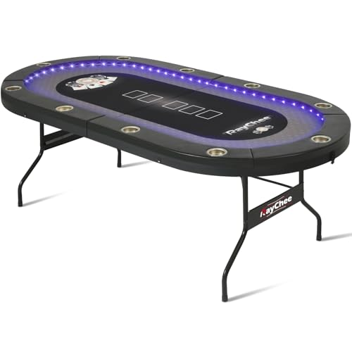 LED Poker Table, 10 Player Foldable Texas Holdem Table w/Inlaid LED Light, 2 USB & 2 Type-c Ports, Portable Blackjac for Texas Card Game w/Cup Holders and Padded Rails (Black)