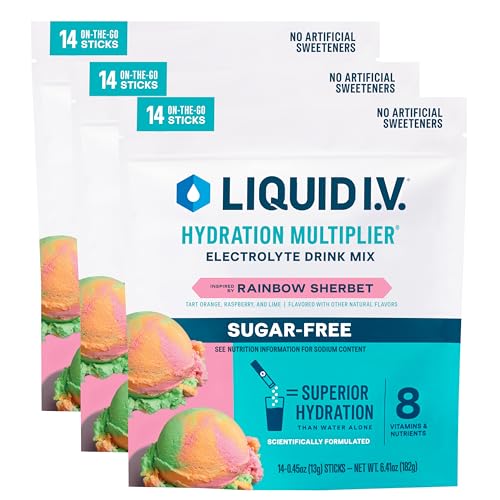 Liquid I.V.® Hydration Multiplier® Sugar-Free - Rainbow Sherbet - Hydration Powder Packets | Electrolyte Powder Drink Mix | Convenient Single-Serving Sticks | Non-GMO | 14 Servings (Pack of 1)