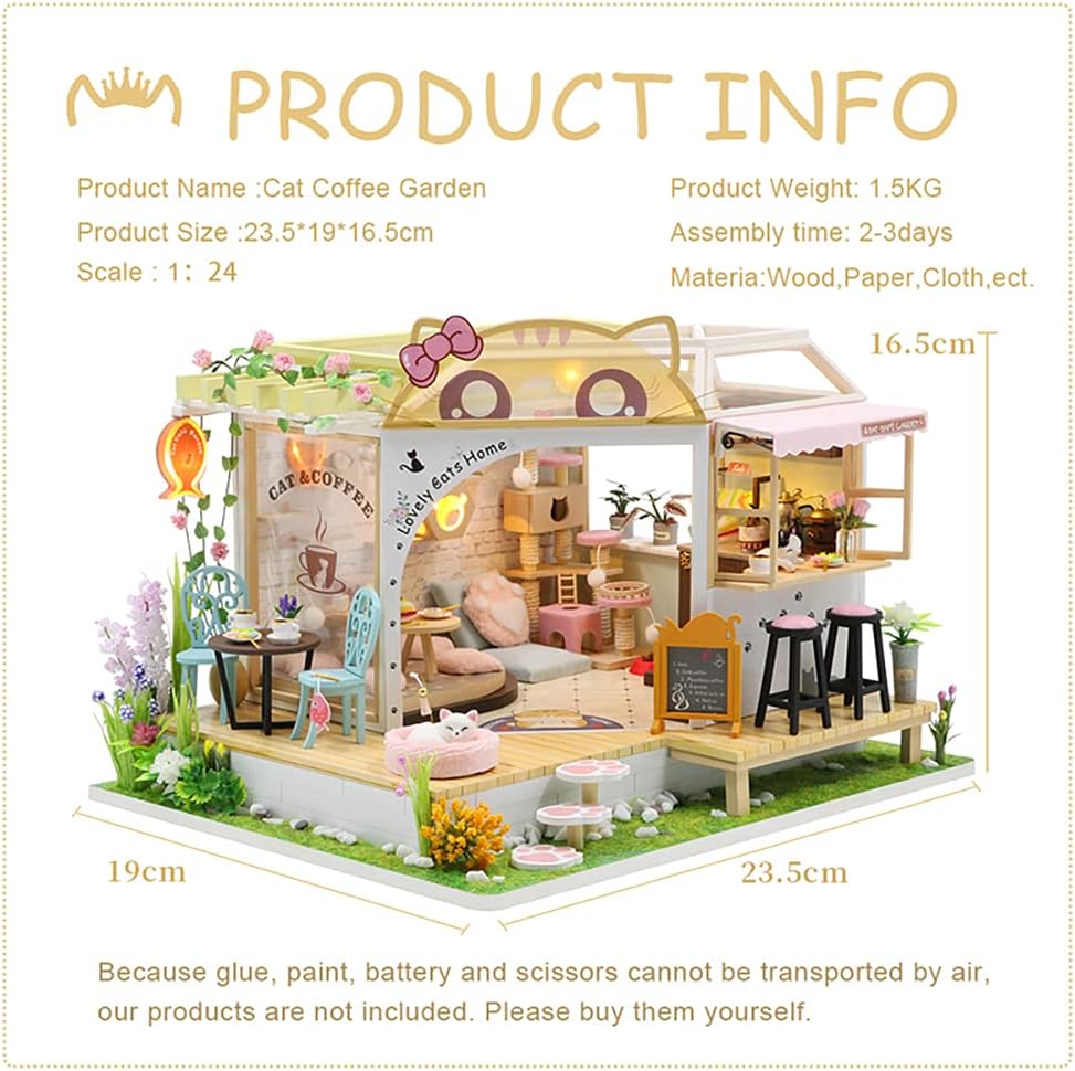 CUTEBEE Dollhouse Miniature with Furniture, DIY Wooden Dollhouse Kit Plus Dust Proof, Creative Room Idea(Cat Coffee Garden)