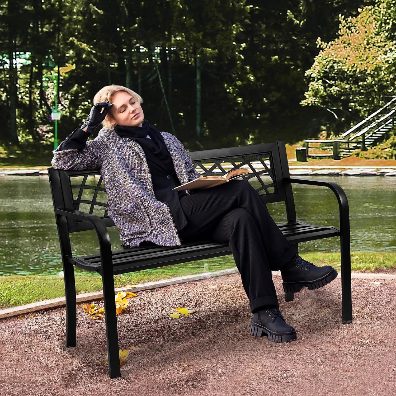 VEVOR Outdoor Bench,46 inches Metal Garden Bench for Outdoors, 480 lbs Load Capacity Bench, Outdoor Garden Park Bench with Backrest and Armrests, Patio Bench for Garden, Park, Yard, Front Porch