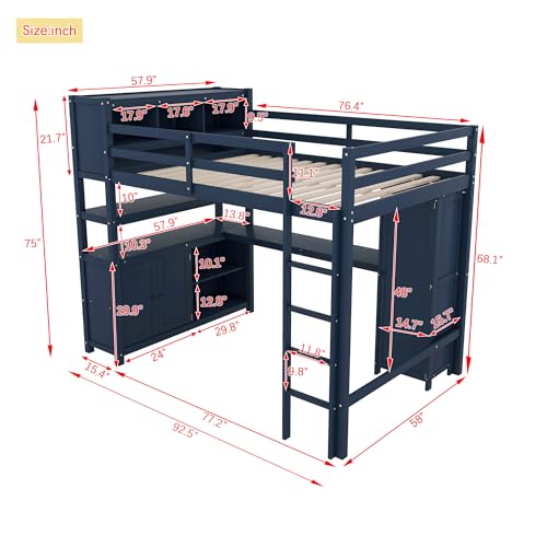 SOFTSEA Full Size Loft Bed with L Shaped Desk, Wood Loft Bed with Wardrobe, Storage Cabinet and Shelves, High Loft Bed Frame with Storage Headboard for Kids Teens Adults, Dark Blue