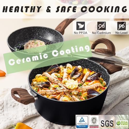 Pots and Pans Set Non Stick, Ceramic Cookware Set with Pattern, Induction Kitchen Cooking Sets w/Frying Pans, Saucepans, Casserole with Lids, Non-Toxic, PTFE/PFOA/PFOS-Free, Black