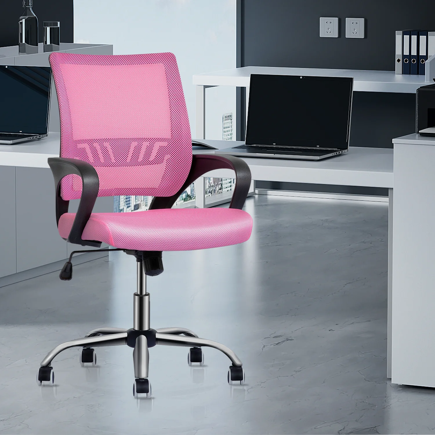 Magshion Adjustable Mid Back Computer Office Chair Mesh Swivel Desk Seat with Armrests, Pink