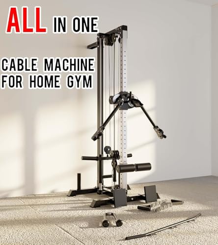 Eonfit Cable Machine for Home Gym, LAT Pulldown Cable Crossover Machine Workout Station Pulley System Tower with Leg Holder, LAT Bar, Foot Board Accessories