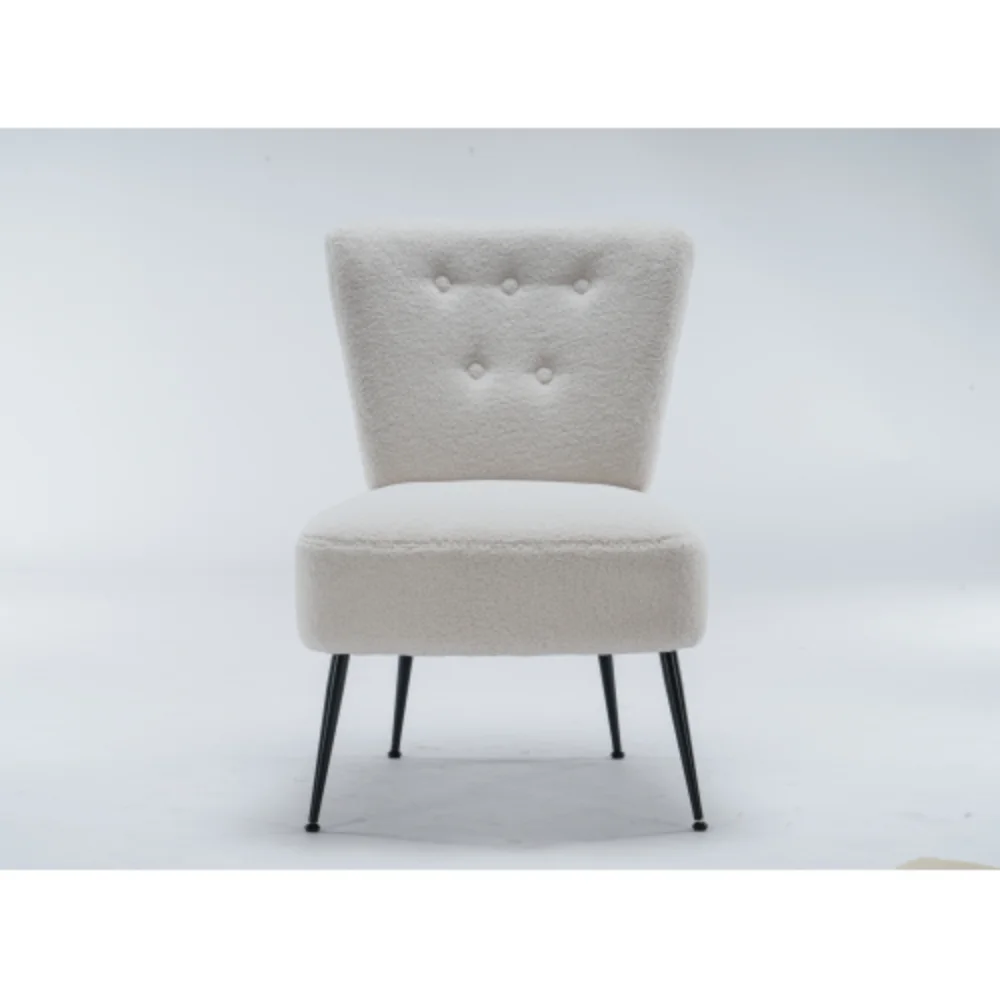 Tufted Back Teddy Fabric Farmhouse Slipper Chair Accent Chair With Black Metal Legs For Dining Room Living Room Bedroom,Ivory White