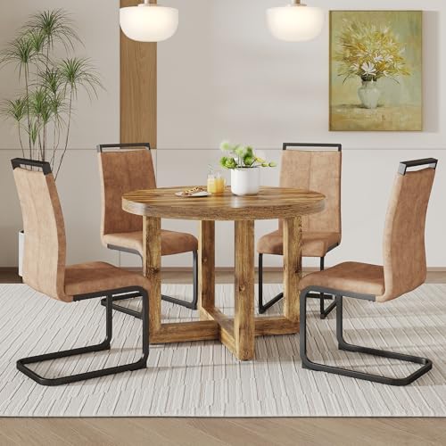 Round Dining Table Set for 4, Modern Kitchen Table and Chairs Set for 4 Wood Dining Set Reception Table Set Upholstered Chair for Dining Room (Brown-B, Wood Table + 4 Chairs)